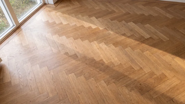Detail van een eiken visgraatvloer met zichtbaar legpatroon.