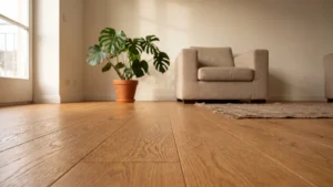 Eiken vloer in een lichte woonkamer bij daglicht.