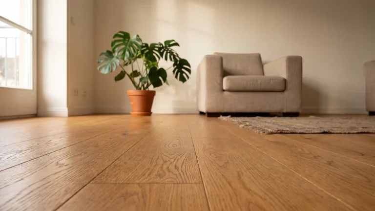 Eiken vloer in een lichte woonkamer bij daglicht.