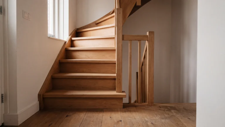 Houten trap met aansluiting op de vloer in een lichte hal.