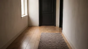 Houten vloer in een sobere hal bij daglicht.