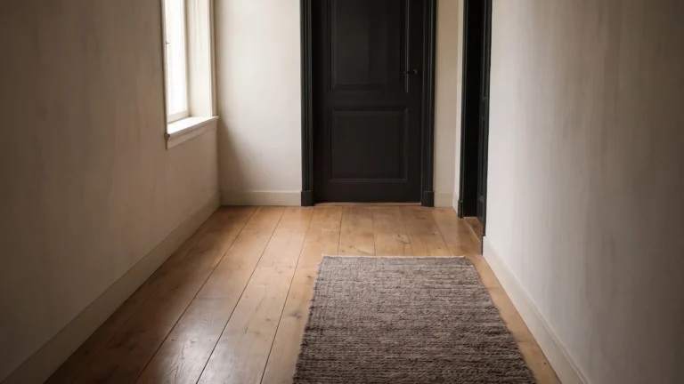 Houten vloer in een sobere hal bij daglicht.